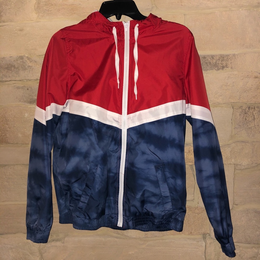 Red,white,and blue rain jacket